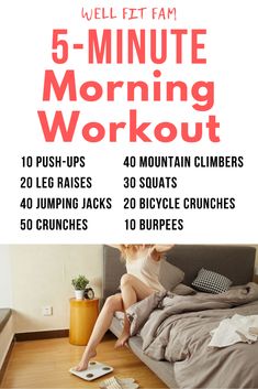 the 5 - minute morning workout for women is shown in red and white with text overlay