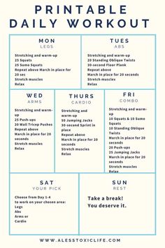 a printable daily workout plan for the whole day, with instructions on how to use it