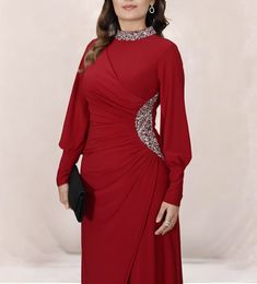 Made of polyester blend woven fabric. It is a lined dress. Dress length is 172 cm. Long Sleeve Evening Dress For Eid Wedding, Long Sleeve Evening Dress For Wedding Eid, Long Sleeve Evening Dress For Wedding And Eid, Formal Fitted Long Abaya, Traditional Long Sleeve Formal Evening Dress, Traditional Long Sleeve Evening Dress, Long Sleeve Red Gown For Eid, Red Long Sleeve Gown For Eid, Elegant Long Sleeve Red Abaya