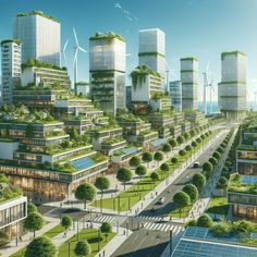 an artist's rendering of a city with green buildings and wind turbines in the background