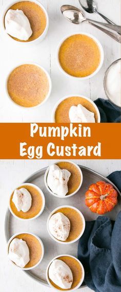 pumpkin egg custard is served in small white bowls with whipped cream on top