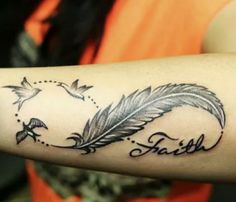 a woman's arm with a feather and the word faith tattooed on her forearm