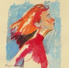 a drawing of a woman's head with long hair and red shirt, in profile