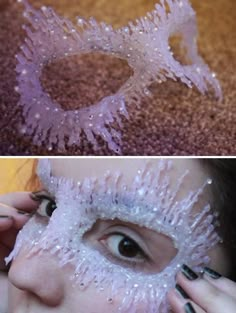 two pictures of a woman's face covered in plastic