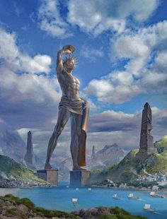 a statue is standing in the middle of a body of water with mountains in the background