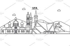 the european city with mountains and buildings in black and white line art style, on a white background