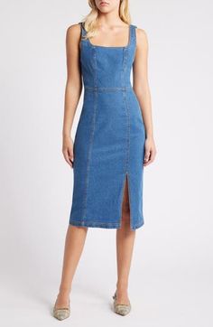 Blue Spring Dress With Split Hem, Spring Stretch Denim Midi Dress, Sleeveless Denim Dress With Back Zipper, Stretch Cotton Denim Dress In Medium Wash, Stretch Denim Blue Knee-length Dress, Fitted Mid-length Denim Dress In Medium Wash, Knee-length Medium Wash Denim Dress, Medium Wash Fitted Mid-length Denim Dress, Stretch Knee-length Denim Dress