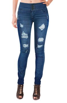 Keep it casual and cool in these button-front skinny jeans designed with an easy button fly. Skin Jeans, Yoga Jeans, Fall Denim, Red Pants, Designer Jeans, Romper With Skirt, Jeans Brands, Blue Jacket, High Jeans