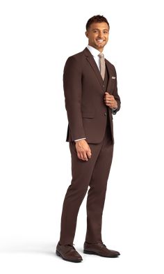 Dark brown, the ultimate earth tone, delivered to you in a stretch fabric suit.  This chocolate brown suit can go from casual to dressy with simple accessory swaps.  Pair it with brown dress shoes or sneakers, tie or an open collar, a brown suit is a great look for a wide range of events. Formal Brown Blazer With Welt Pockets, Brown Notch Lapel Formal Blazer, Brown Office Suit With Welt Pockets, Classic Brown Suit For Work, Brown Business Blazer With Suit Collar, Brown Notch Lapel Blazer For Business Casual, Semi-formal Brown Blazer With Notch Lapel, Brown Notch Lapel Blazer For Office, Brown Notch Lapel Blazer For Semi-formal Occasions