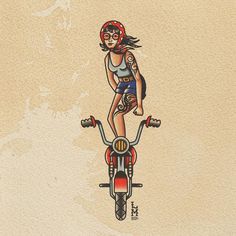 a drawing of a woman riding a bike with a helmet on it's head