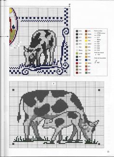 two cross stitch pictures with cows and sheep in the middle one is black and white