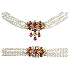 A graceful ruby and diamond Necklace and bracelet set consisting each of a very well made 18 Karat gold element set with lively rubies and diamonds on three stands of white pearls. Both the quality of the gemstones and the make are excellent. Details: Ruby app. weight: 4,25 carats, Diamond app. weight: 1,71 carats Bracelet length: 18,3 cm - 7.2 inches Necklace length: 42 cm - 16.5 inches Sizing is possible. Gold Element, Rubies And Diamonds, Ruby And Diamond Necklace, Necklace And Bracelet Set, Ruby Jewelry, Necklace And Bracelet, Ruby Diamond, Dream Jewelry, High Jewelry