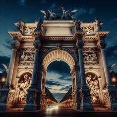 an arch with statues on it at night