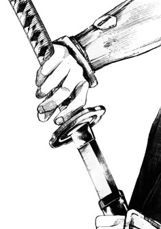 a black and white drawing of a person holding a knife with both hands on it