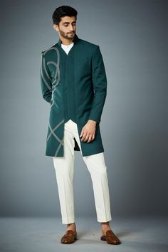 Green embroidered bandhgala set for men Stylish Kurta For Men, Indowestern Outfits For Men, Embroidered Bandhgala, Men Styling