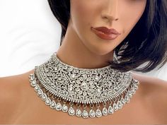 Wedding Bridal Choker Necklace Statement Jewelry, Indian Wedding Jewelry, Chunky Necklace, One of A Kind Statement, Special Gift For Bride by GlamDuchess on Etsy Silver Bridal Necklace With Intricate Crystal Design, Heavy Silver Necklace For Marriage, Heavy Silver Bridal Necklace For Marriage, Ornate Rhinestone Wedding Jewelry, Crystal Bridal Necklace With Intricate Design For Reception, Crystal Bridal Necklace For Reception With Intricate Design, Heavy Silver Necklaces For Wedding, Heavy Silver Necklace For Wedding, Heavy Silver Bridal Necklace For Wedding