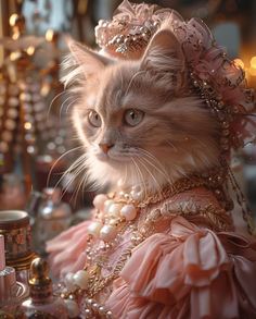 a cat wearing a pink dress and pearls