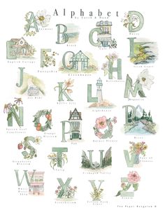 an alphabet with flowers and houses on it