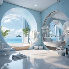 a bathroom with blue walls and an oval window that looks out onto the ocean,