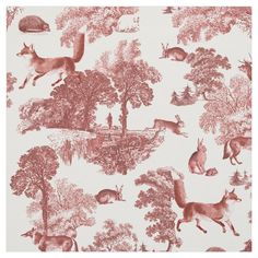 a red and white wallpaper with deer, trees, and other animals on it