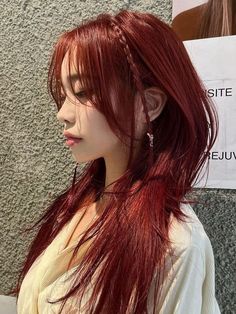 Korean red brown hair color: layered, long and sleek hair with side bangs Hair Color Formulas Brown, Red Brown Hair Color Ideas, Red Hair Kpop, Asian Red Hair, Kpop Hair Color, Red Brown Hair Color, Red Orange Hair, Warm Hair Color, Hair Color Asian