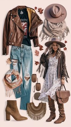 Upgrade your fall fashion with these must-have looks! 🧥✨ Throw on a leather jacket over a graphic tee and distressed jeans for an edgy vibe. Complete the outfit with sleek ankle boots 👢. Stay cozy and stylish by layering oversized scarves 🧣 over your favorite outfits. And don’t miss out on the boho trend with flowy dresses, fringe jackets, and wide-brimmed hats 👗🎩. Finish off with knee-high boots for a complete look! 🍂"  #TrendyOutfits #LeatherJacket #OversizedScarves #BohoStyle #FallFashion #GraphicTees #DistressedJeans #FallWardrobe #FashionTrends #BohoChic Boho Western Outfits Winter, Winter Boho Outfits Cold, Western Outfits Winter, Fall Boho Outfits, Edgy Boho Outfits, Fringe Jacket Outfit, Boho Western Outfits, Outfit Vaquero, Fur Vest Outfits