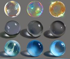 an assortment of soap bubbles on a gray background