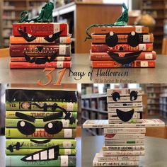 there are many books stacked on top of each other and one has a face made out of them