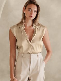 Collared Blouse | Banana Republic Factory Womens Professional Suits, Petite Blouses, Collared Blouse, Silk Camisole, Petite Tops, Banana Republic Factory, Satin Blouse, Work Wardrobe, Professional Outfits