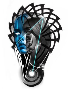 a woman's face with blue and black lines on it, as well as an abstract design