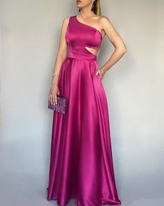 fuchsia one shoulder satin cutout simple evening dress with pockets Formal Dress With Pockets, Special Occasion Dresses Long, Simple Wedding Dress Short, Simple Evening Dress, Simple Lace Wedding Dress, Prom Dresses Under 100, Short Lace Wedding Dress, Simple Homecoming Dresses, Burgundy Homecoming Dresses