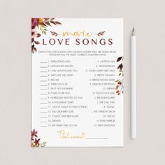 a printable music love song game with flowers on it and a pencil next to it