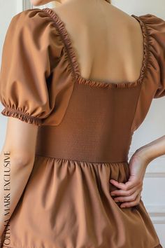 Olivia Mark - Caramel Classics: The Smocked Waist Tiered Mini Dress Brown Mini Dress With Ruffles And Short Sleeves, Brown Ruffled Short Sleeve Mini Dress, Tiered Mini Dress, Olivia Mark, Caramel, Mini Dress