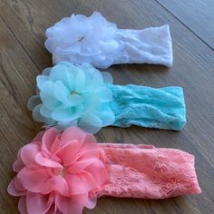 Pretty Lace Elastic Headband With Pretty Organza Flower And Crystal Center. Coral, Mint, And White. Two Sets Available. Price Is Per Set! Fake Flower Elastic Headband For Women, Jojo Siwa Hair, Adjustable White Lace Hair Accessories, Jojo Hair Bows, Baby Green Headband, Cute Pink Flower Shaped Headband, Baby Lace Headband, Dance Bows, Tie Dye Hair