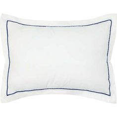 a white pillow with blue piping on the front and back side, sitting against a white background