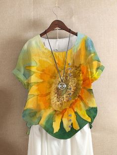 Orange Sunflower Printed Round Neck Blouse with Buttons Crewneck Streetwear, Round Neck Blouse, Print On Fabric, Orange Sunflowers, Fabric Painting On Clothes, Floral Print Pants, Casual Long Sleeve Shirts, Painted Clothes, Floral Print Shirt