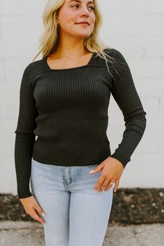 Our Astrid Top is a fitted ribbed square neck sweater. It is lightweight with long sleeves, and comes to the waist. Available in women's sizes: Small Medium Large Fitted Square Neck Sweater, Ribbed Square Neck Tops For Fall, Ribbed Square Neck Fall Tops, Ribbed Square-neck Tops For Fall, Winter Square Neck Sweater, Square Neck Sweater, Large Black, Square Neck, Neck Sweater