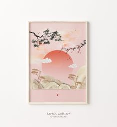 a painting hanging on the wall next to a white wall with a pink sky and trees