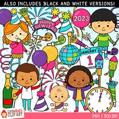 kids celebrating new year clipart and black and white versions with balloons, fireworks, streamers, clocks