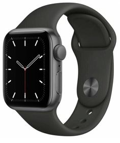 the apple watch series 4 is shown in black and has a gray band with white numbers