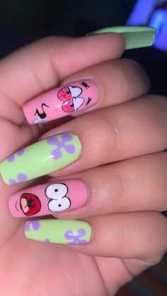 Powerpuff Nails Acrylic, Cartoon Press On Nails, Crazy Acrylic Nails Designs Art Ideas, Simple Cartoon Nail Designs, Spongebob And Patrick Nails, Patrick Star Nails, Power Puff Nails, Spongebob Nails Designs, Watermelon Nails Design