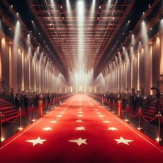 a red carpet with white stars on it in front of some stage lights and spotlights