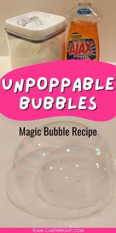 Text: Unpoppable bubbles Magic Bubble Recipe
Top Picture: Cannister of sugar and bottle of orange dish soap
Bottom Picture: bubble blown inside another bubble No Pop Bubbles Recipe, Glycerin Bubble Recipe, Magic Unpoppable Bubbles, Super Bubbles Recipe Homemade, Fun Pre K Crafts, Bubble Solution Recipe Diy, Diy At Home Games For Kids, Stream Activities For Kindergarten, Magic Bubbles Recipe