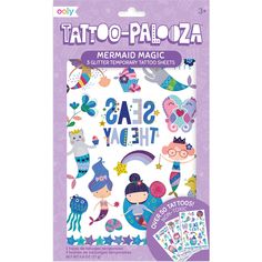 an assortment of temporary tattoos with mermaids and sea animals on them in purple packaging