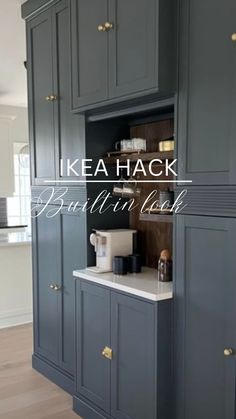 a kitchen with gray cabinets and white counter tops in the center is an advertisement for ikea hack