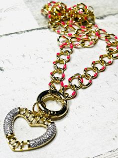 Enamel and gold Link Chain with Circle Carabiner and Pave Heart Pendant 16" with extender Magnet Clasp Lead and nickel free 18k triple gold plated and silver plated. Heart-shaped Gold Enamel Necklace, Gold Heart-shaped Enamel Necklace, Gold Enamel Heart Necklace For Valentine's Day, Valentine's Day Gold Enamel Heart Necklace, Gold Enamel Necklace With Chain, Pink Link Jewelry For Gifts, Gold Chain Charm Necklace For Valentine's Day, Gold-tone Necklace With Lobster Clasp For Valentine's Day, Pink Enamel Necklace For Valentine's Day