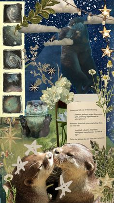 two otters are kissing in front of an image of the moon and stars above them