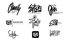 six different types of logos with the words written in black and white, including one that says