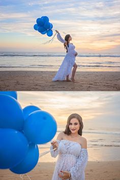 maternity photo at the beach. blue baloons at sunset. pregnancy photo shoot in Mazatlan Mexico Pregnancy Photoshoot Beach, Couple Maternity Poses, Cute Pregnancy Photos, Maternity Studio Photoshoot, Maternity Photography Beach