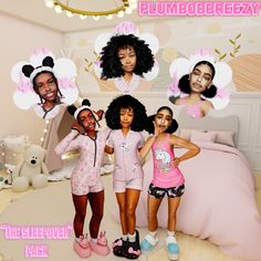 three girls are posing in front of a bed with pink flowers on the headboard